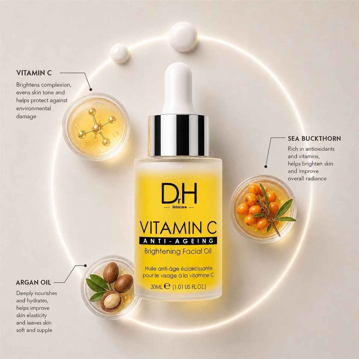 Huile visage éclaircissante à la vitamine C 30ml