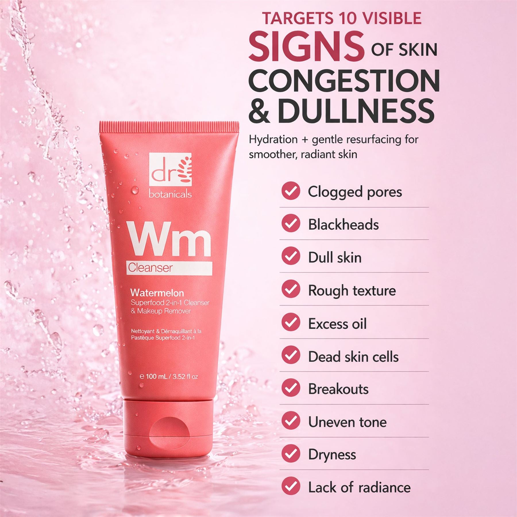 Watermelon 2-in-1 Cleanser & Makeup Remover with Glycolic Acid, Salicylic Acid and Lactic Acid 100ml