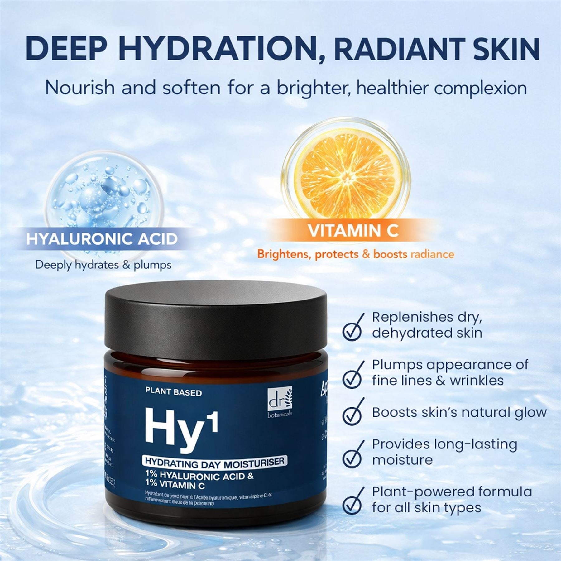 Feuchtigkeitsspendende Tagescreme mit 1 % Hyaluronsäure und 1 % Vitamin C, 60 ml