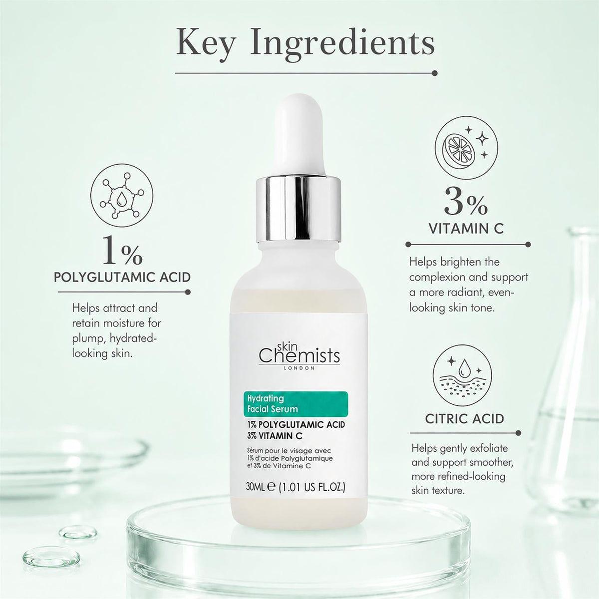 Feuchtigkeitsspendendes Gesichtsserum mit 1 % Polyglutaminsäure und 3 % Vitamin C 30ml