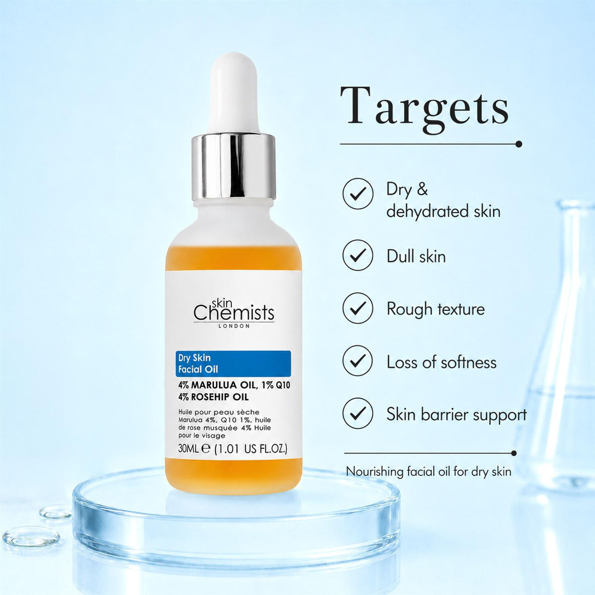 Siero viso con olio di marula al 4%, olio di rosa mosqueta al 4% e Q10 all'1% 30ml