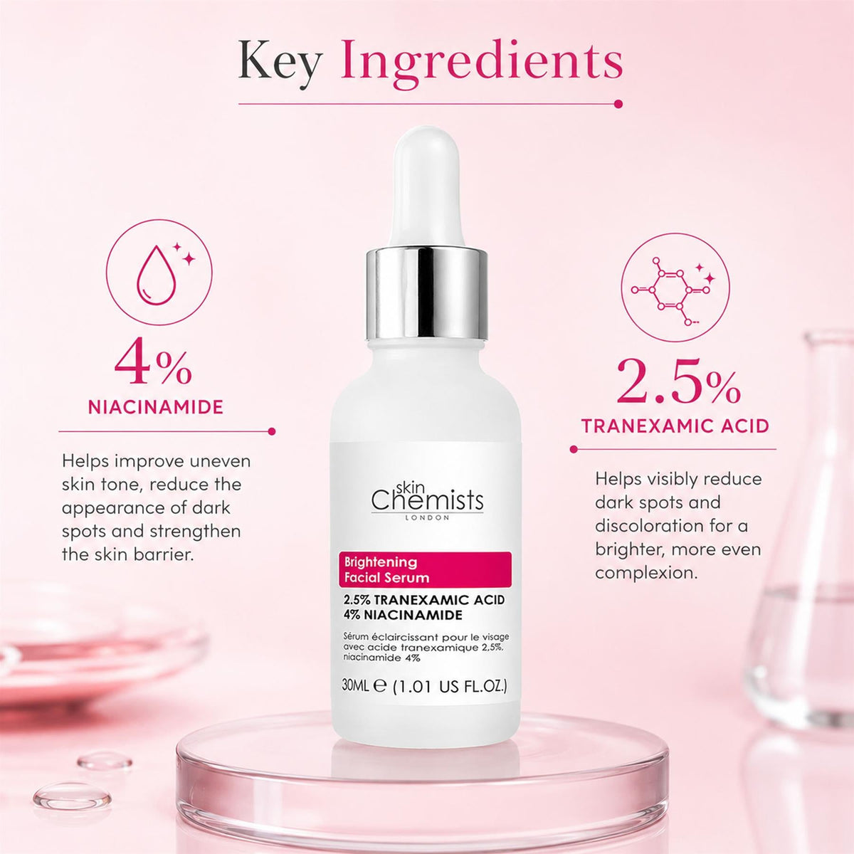 Aufhellendes Gesichtsserum mit 2,5 % Tranexamsäure, 2,5 % Tranexamsäure und 4 % Niacinamid 30ml