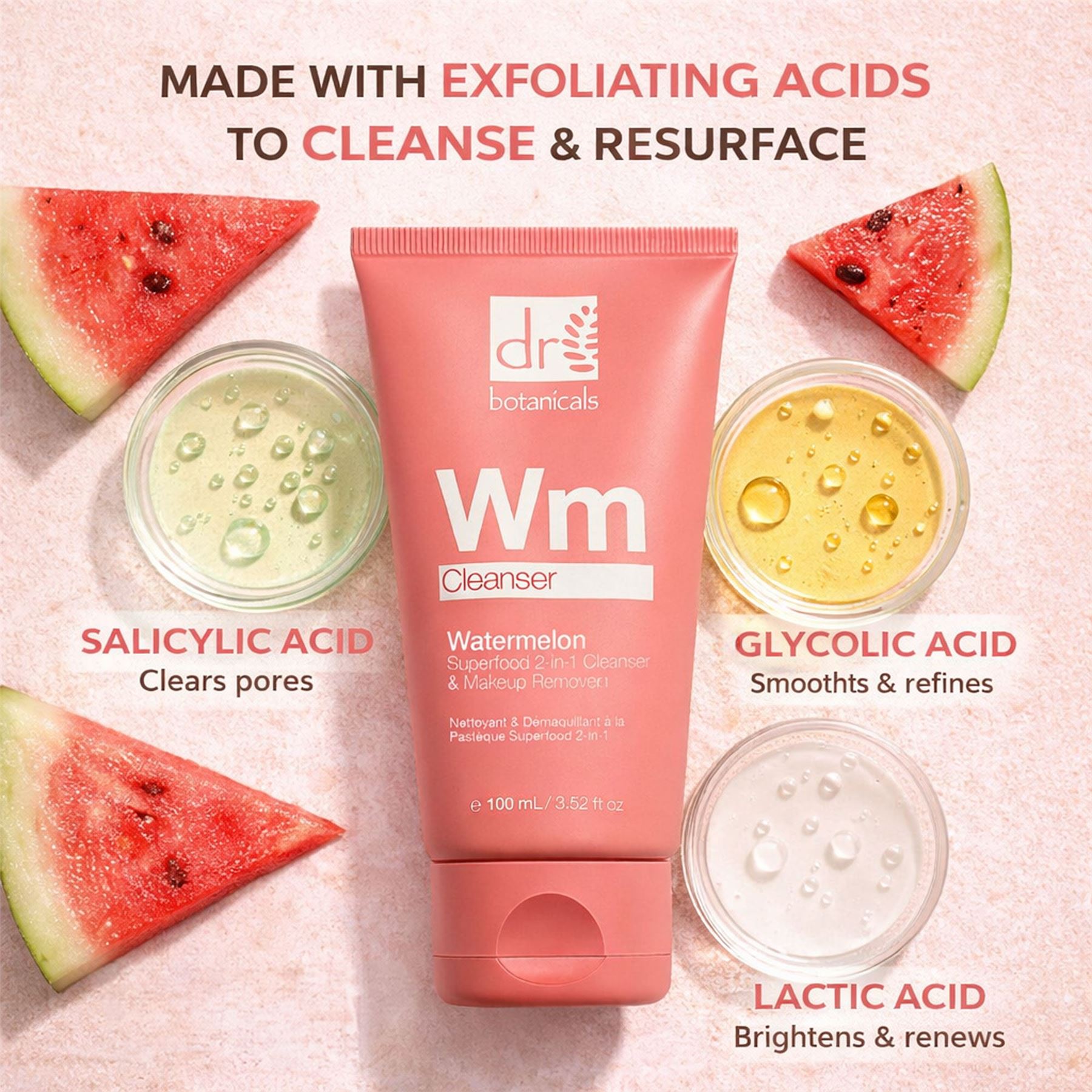 Watermelon 2-in-1 Cleanser & Makeup Remover with Glycolic Acid, Salicylic Acid and Lactic Acid 100ml