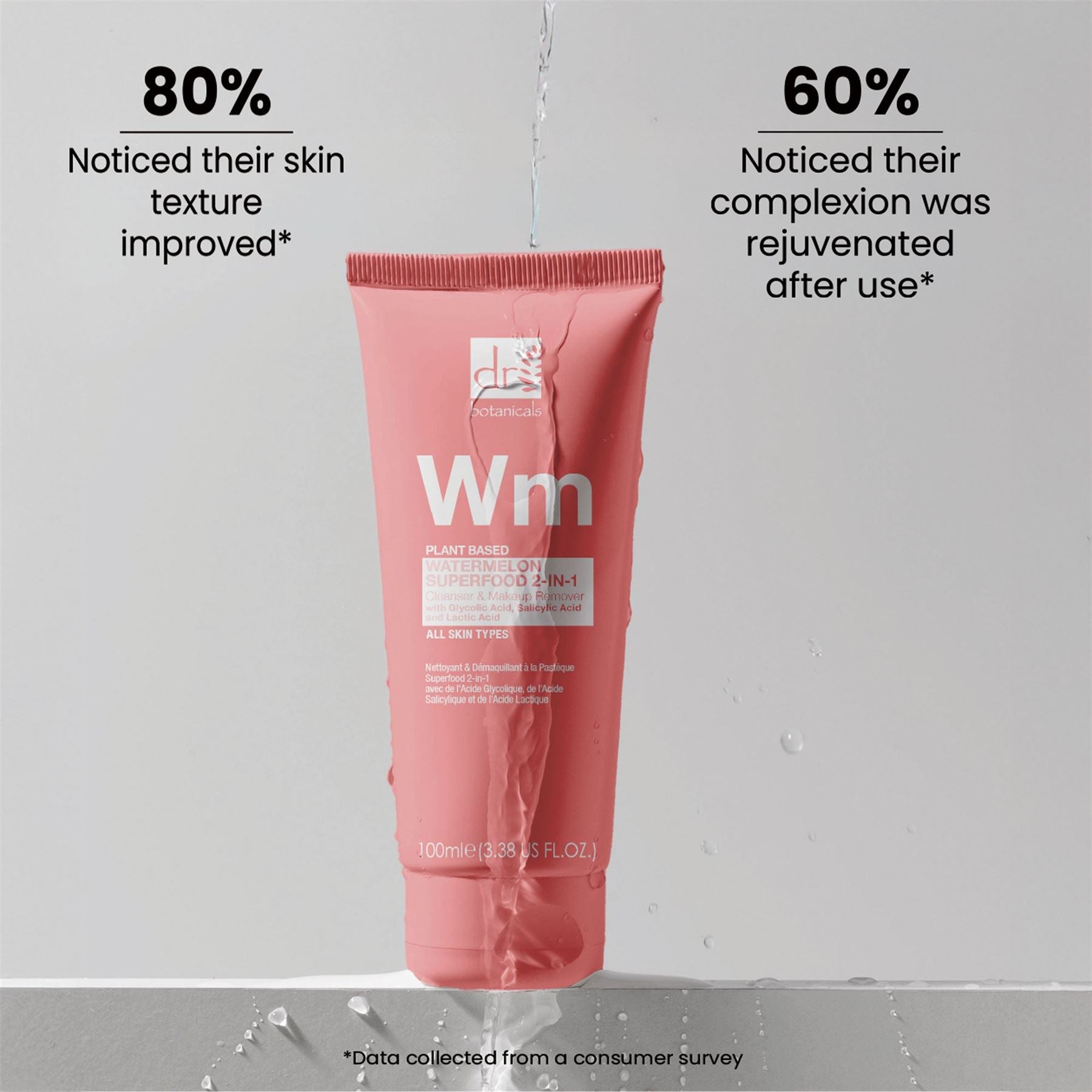 Nettoyant et démaquillant 2 en 1 à la pastèque, superaliment, à base d'acide glycolique, d'acide salicylique et d'acide lactique, 100 ml