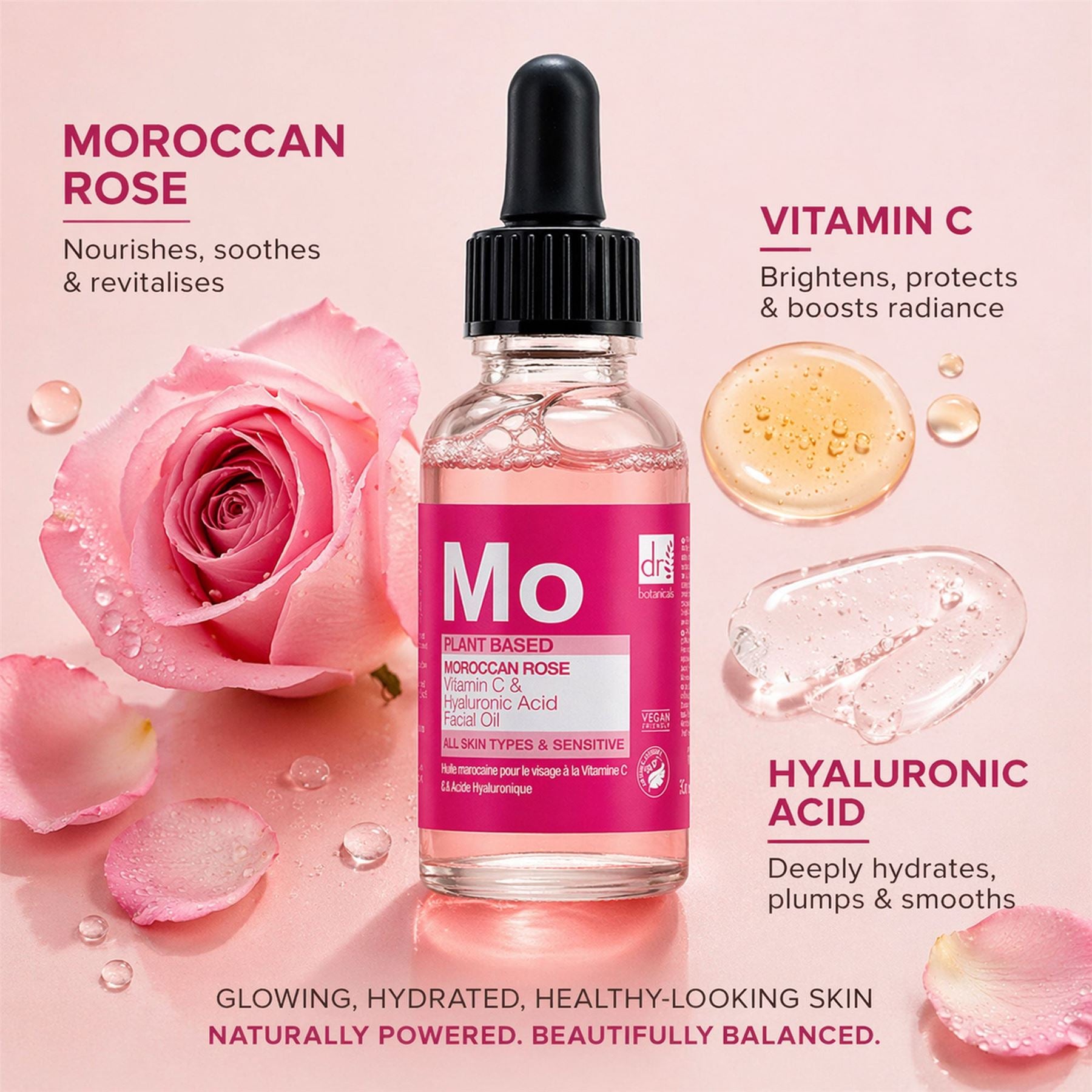 Marokkanisches Rosen-Gesichtsöl mit Hyaluronsäure und Vitamin C, 30 ml