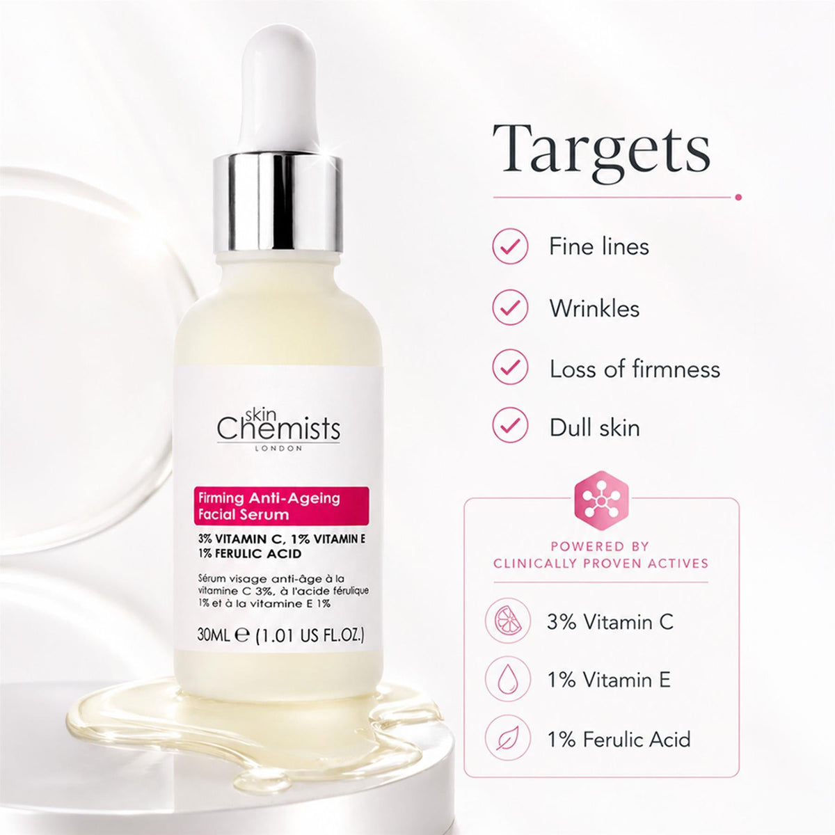 Siero viso anti-età con vitamina C al 3%, acido ferulico all'1% e vitamina E all'1% 30ml