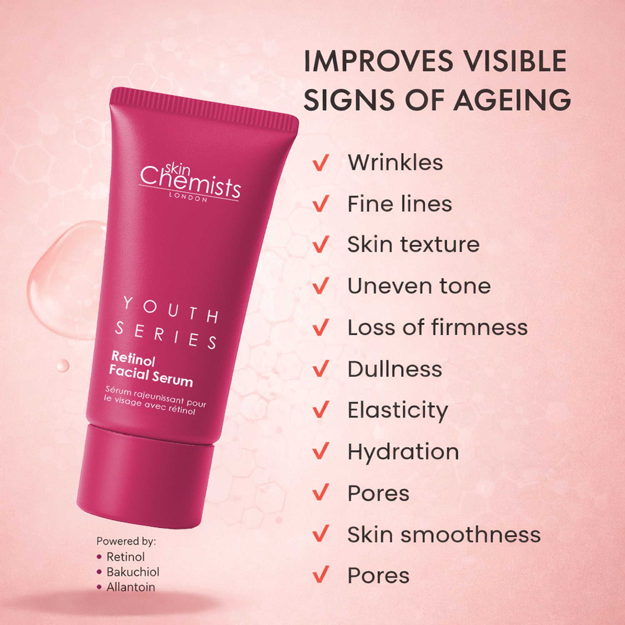 Sérum visage anti-âge double action au rétinol et au bakuchiol skinChemists 30 ml