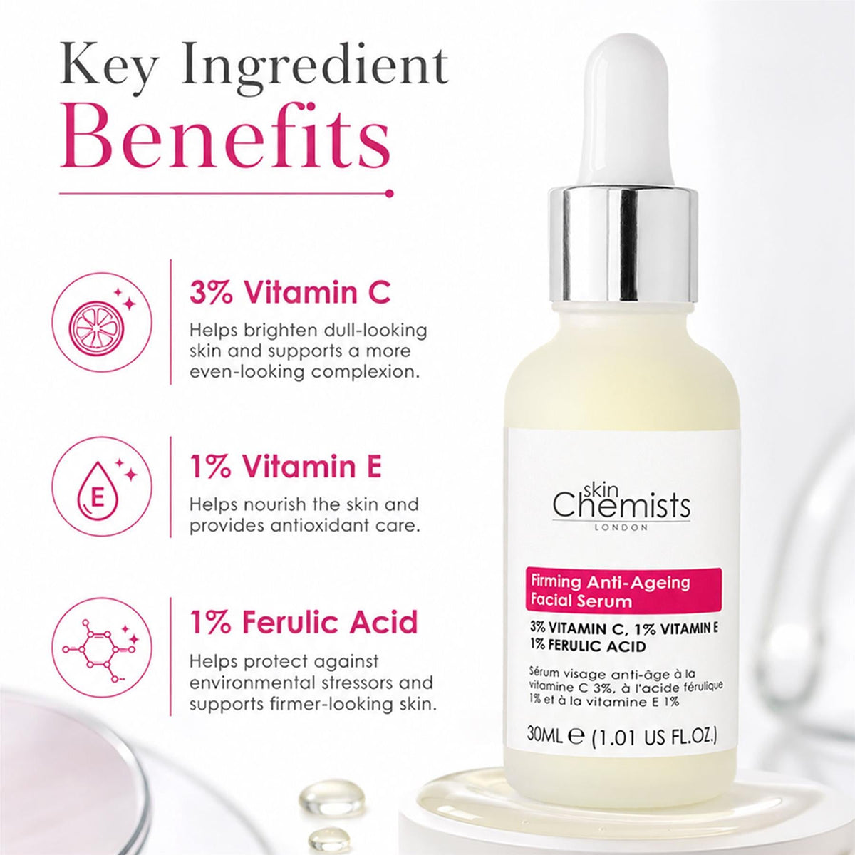 Siero viso anti-età con vitamina C al 3%, acido ferulico all'1% e vitamina E all'1% 30ml