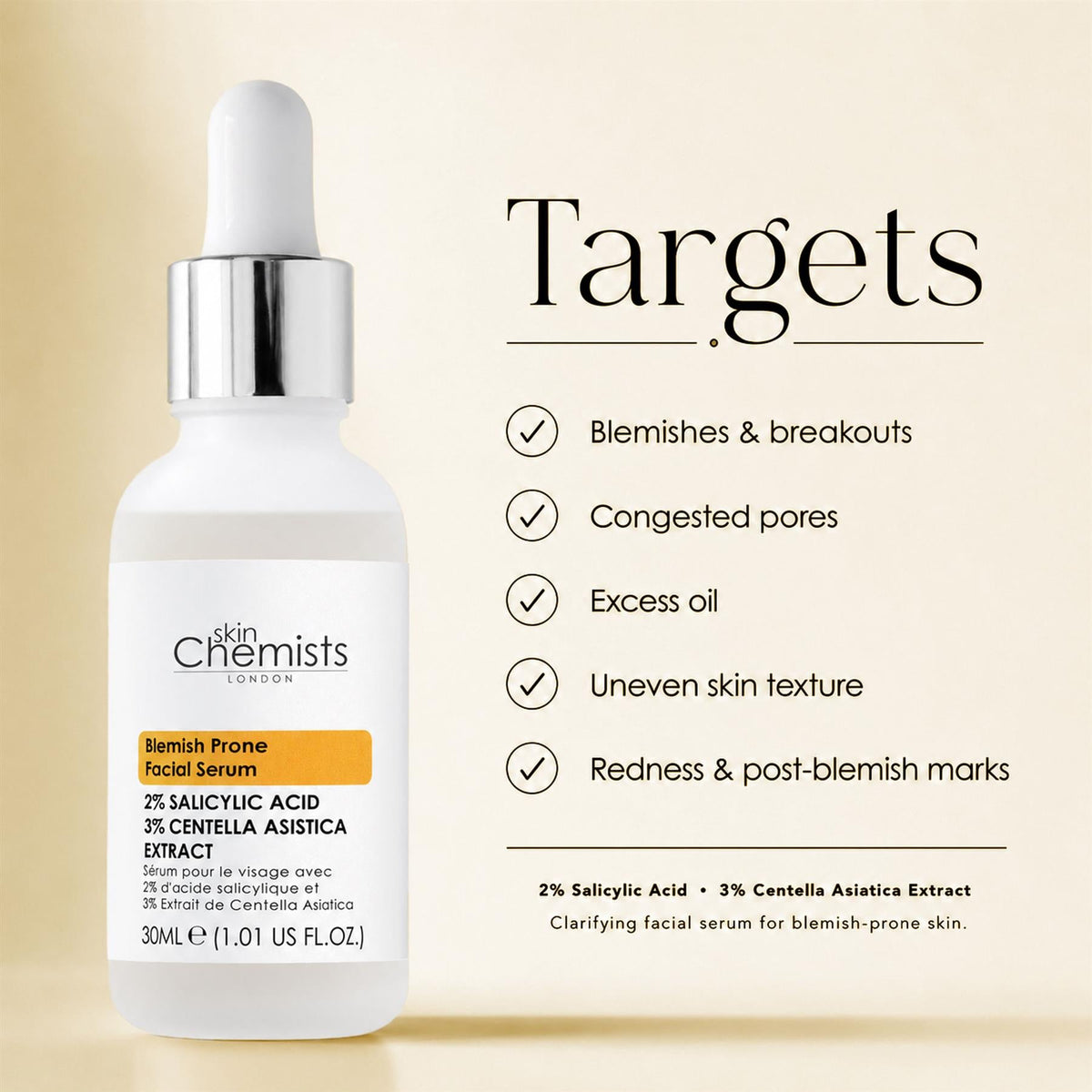 Sérum facial para pieles con tendencia a las imperfecciones con ácido salicílico al 2% y Centella asiatica al 3% 30ml
